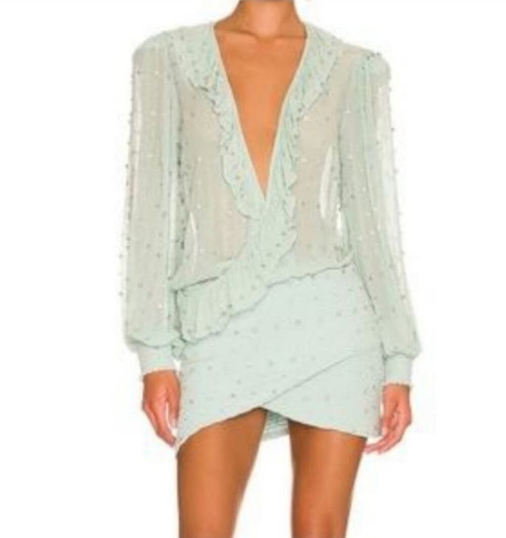 Retrofete Lennon Embellished Silk Chiffon Dress in Green Size XS NWT Long Sleeve